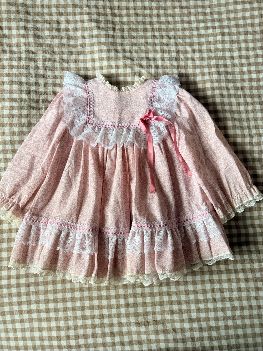 Vintage Pink Lace Trim Babydoll Toddler Dress with Ribbon Accent